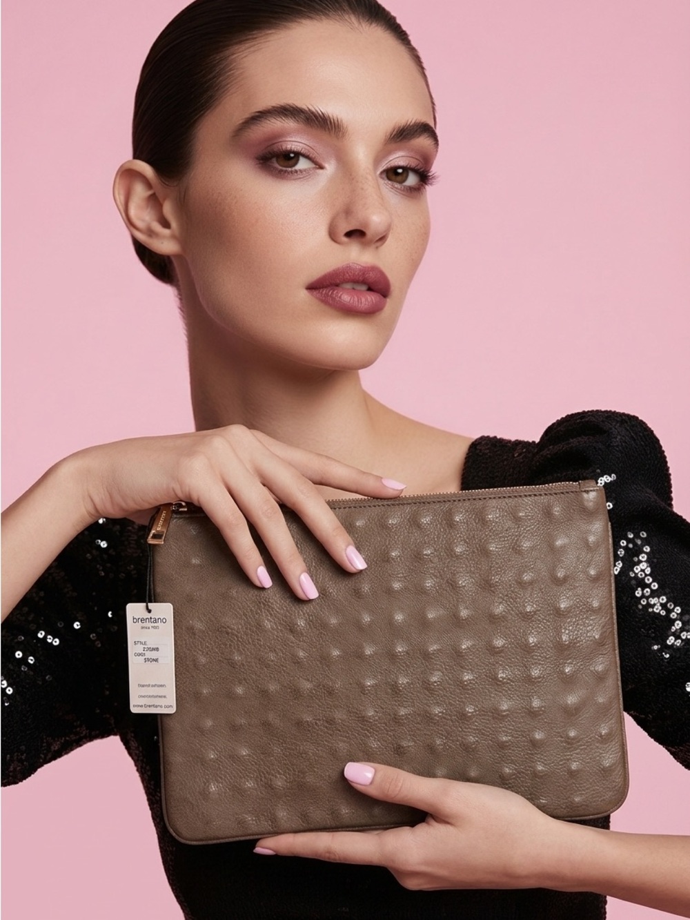 NWT Brentano Brown Pebbled Leather Oversized Clutch Pouch Top Zip
